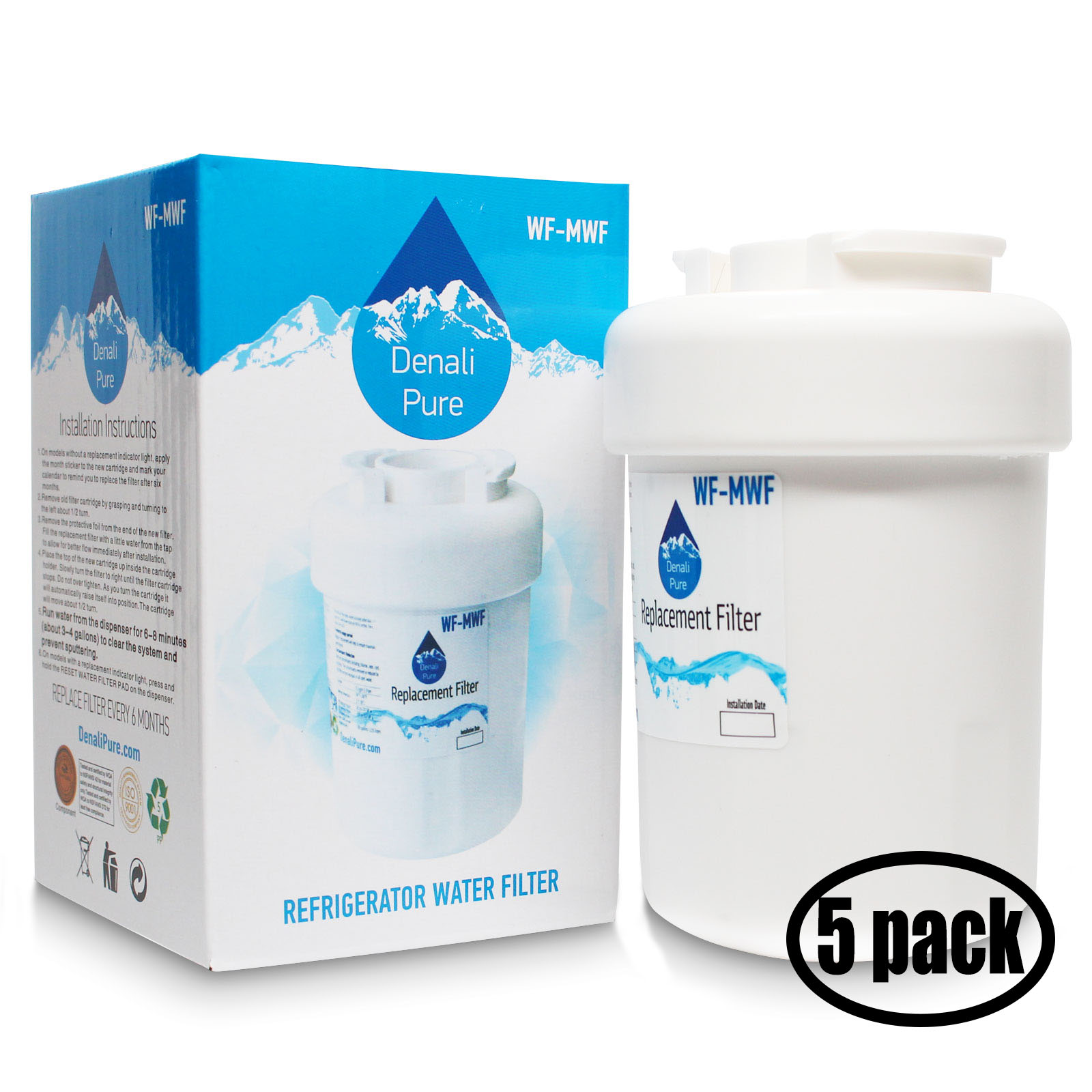 5-Pack Replacement for General Electric PSHS9PGZBCSS Refrigerator Water Filter - Compatible with General Electric MWF MWFP Fridge Water Filter Cartridge - Denali Pure Brand